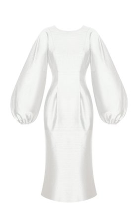 Rasario, White Balloon Sleeve Silk Midi Dress