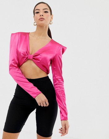Boohoo satin knot front open back crop top in hot pink | ASOS