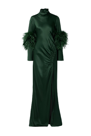 LAPOINTE - Feather-trimmed ruched satin gown