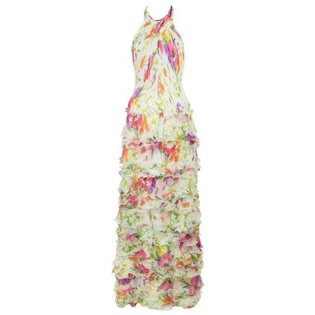 Ralph Lauren Collection White Floral Chiffon Gown - Size US 2 For Sale at 1stdibs