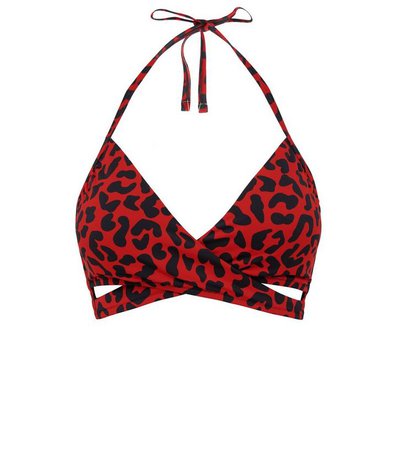 Red Leopard Print Halterneck Wrap Bikini Top | New Look