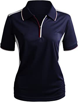 CLOVERY Functional Fabric Wicking Material Clothing Short Sleeve Zipup Polo Shirt Navyaqua US S/Tag S at Amazon Women’s Clothing store