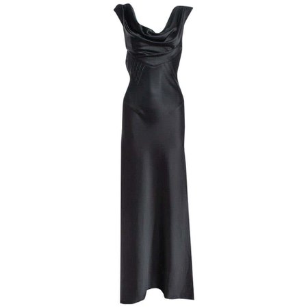 Balenciaga Paris Black Satin Draped Neck Detail Evening Gown M For Sale at 1stDibs