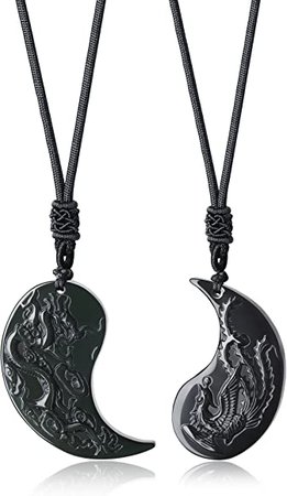 COAI Silver Sheen Obsidian Dragon Phoenix Yin Yang Pendant Necklaces for Couples | Amazon.com