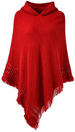 Ferand Ladies' Hooded Cape with Fringed Hem, Crochet Poncho Knitting Patterns for Women, Red at Amazon Women’s Clothing store