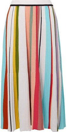 Striped Ribbed Crocheted Cotton Midi Skirt - Pink