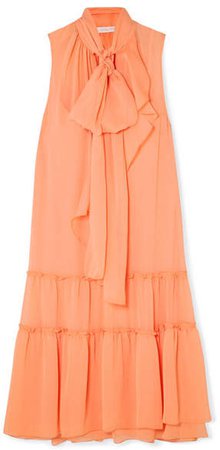 Pussy-bow Tiered Crepon Dress - Orange