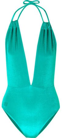 Panama Stretch-velvet Halterneck Swimsuit - Turquoise