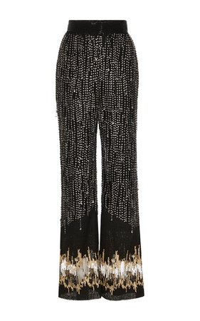 Rodarte Black And Gold Hand Beaded Lace Cropped Pants