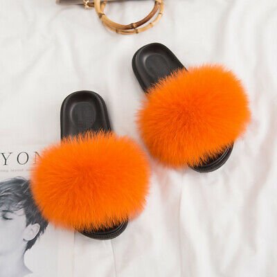UK Women Real Fur Flat Shoes Fluffy Flip Flop Slippers Sliders Sandals Xmas Gift | eBay