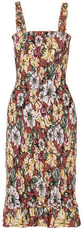 Maya Smocked Floral-print Linen Midi Dress - Brown