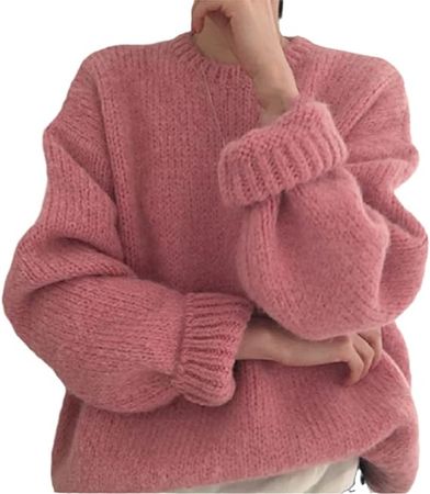 YIOLEAMP Women Sweater Pullover Knitting Long Sleeve Loose Knitted Outerwear Winter Sweaters Pink at Amazon Women’s Clothing store