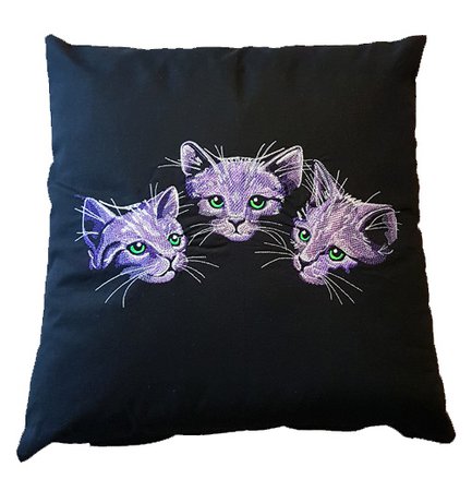 Cat Trio Purple Embroidered Black Cushion | Gifts & ware