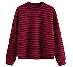 Floerns Women's Drop Shoulder Striped Long Sleeve Sweatshirt Black and White S at Amazon Women’s Clothing store