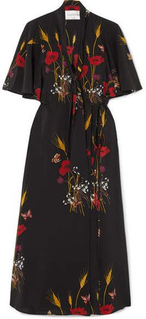 Tie-neck Floral-print Silk-jersey Wrap Dress - Black