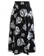 Floral Sketch Seam Detailing Flare Midi Skirt