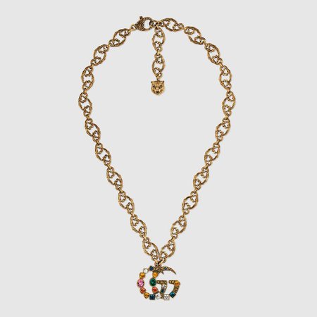 Aged Gold Finish Multicolor Crystal Double G Necklace | GUCCI® US
