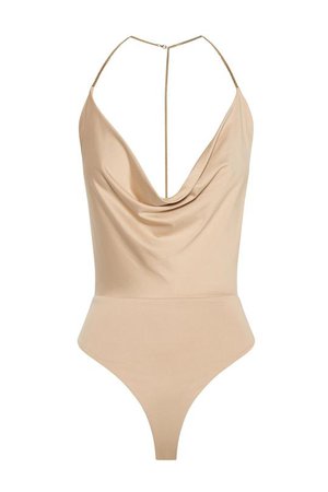 Kamilah Cowl Neck Chain Detail Bodysuit - Nude - MESHKI U.S