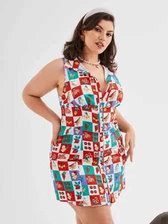 Plus Fruit Print Button Through Dress | SHEIN USA
