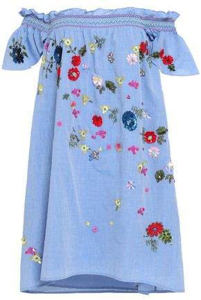Clarimonde Off-the-shoulder Embellished Cotton-chambray Mini Dress