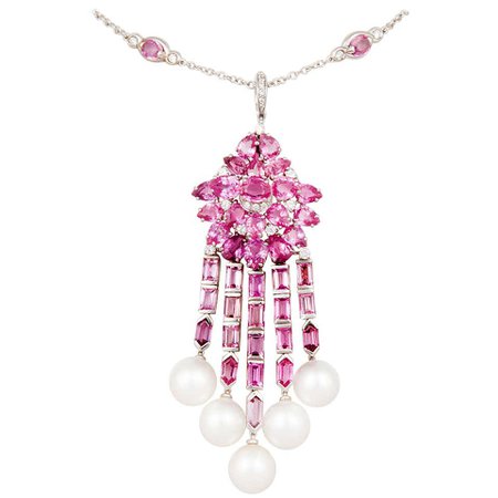 Ella Gafter Pink Sapphire Diamond Pendant Necklace with South Sea pearls For Sale at 1stDibs