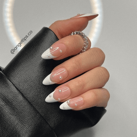 ROSALINE | Luxury GEL X Reusable Press On Nails | Medium Almond Round Pearl Accent French Tips Nails | White French Custom Gel Nail Set