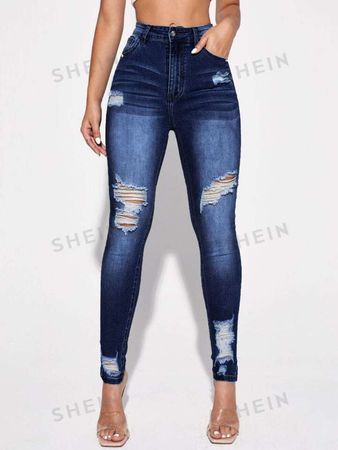 SHEIN Essnce High Waist Ripped Skinny Jeans | SHEIN