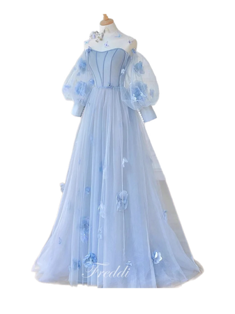 puff sleeves pastel blue dress formal gowns
