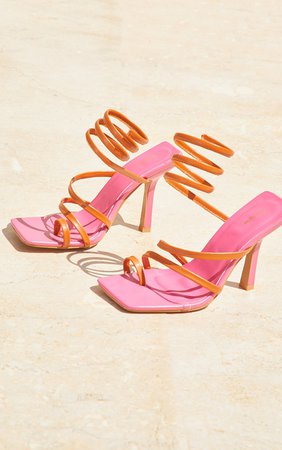 Orange Square Toe Loop Ankle Spring Heeled Sandals | PrettyLittleThing USA