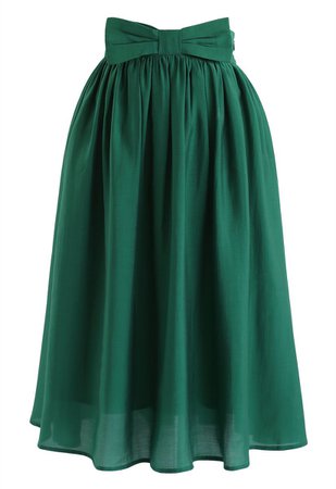 Bowknot Waist Pleated Midi Skirt in Emerald - Retro, Indie and Unique Fashion