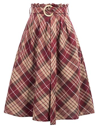 Ladies 50s Vintage A-Line Plaid Skirt Knee Length Wine Plaid Size L CL052-1 at Amazon Women’s Clothing store