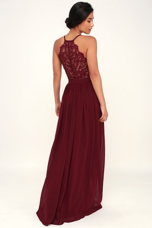 Stunning Lace-Back Maxi Dress - Burgundy Dress - Maxi Dress