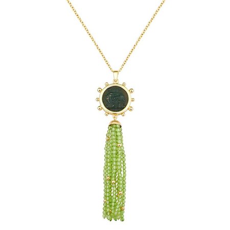 Dubini Ancient Capitoline-Wolf Bronze Coin Green Agate Tassel 18K Gold Necklace For Sale at 1stdibs
