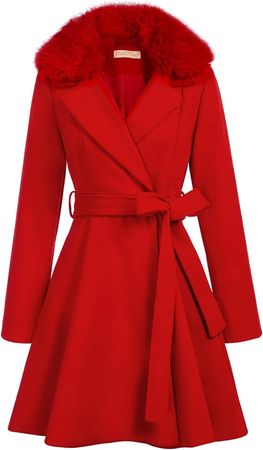Belle Poque Women's Belted Long Coat Vintage A-line Lapel Trench Coat Jacket with Detachable Collar Red L at Amazon Women's Coats Shop