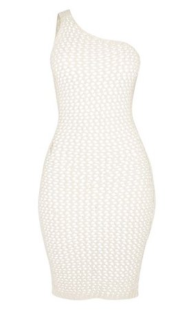 Cream Asymmetric Crochet Knit Dress | PrettyLittleThing