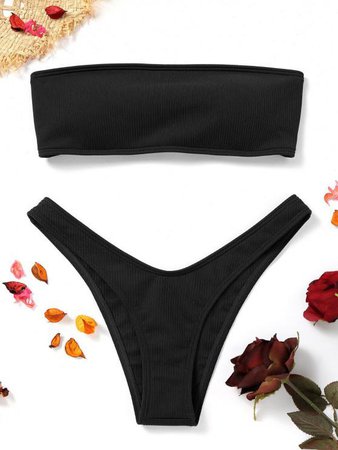 [65% OFF] 2022 High Cut Ribbed Bandeau Bikini Set In BLACK | ZAFUL