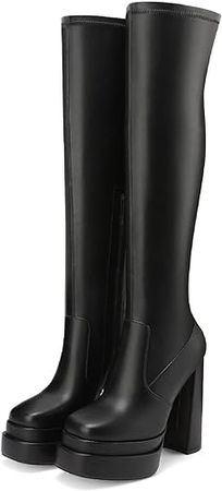 Amazon.com | amiuwen 5.51"/14cm High Heeled Double Platform Boots,Ankle Bootie or High Knee Boots,Square Toe and Side Zipper,for Party,Working,Fashion | Boots