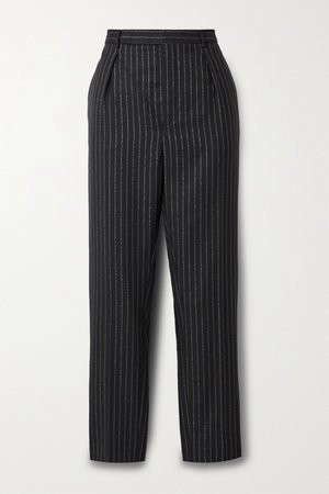 Black Cropped metallic pinstriped wool-blend twill straight-leg pants | SAINT LAURENT | NET-A-PORTER