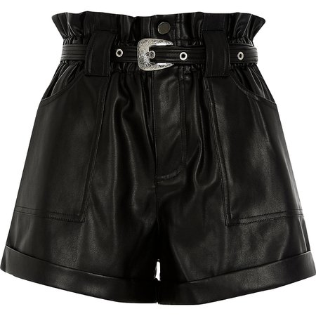 Black belted faux leather Mom shorts | River Island