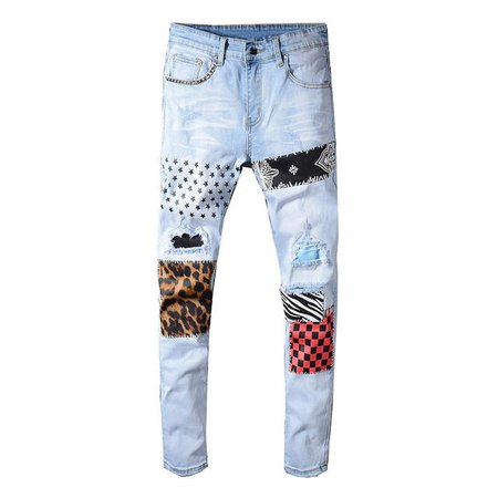 Sokotoo Men's stars printed leopard patchwork rivet slim jeans Light blue holes ripped skinny stretch denim pants Trousers _ {categoryName} - AliExpress Mobile Version -