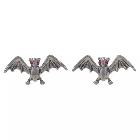 White Gold Ruby Flying Bat Earrings -14k Rnd Winged Mammal Black Rhodium Pierced For Sale at 1stDibs