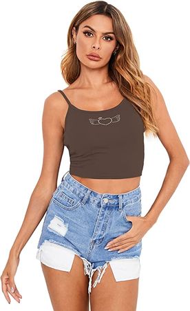 Verdusa Women's Sleeveless y2k Shirt Round Neck Rhinestone Crop Cami Top at Amazon Women’s Clothing store