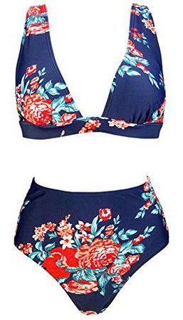 COCOSHIP Red Pink & Navy Blue Antigua Flower Retro High Waist Bikini Set Deep V-Neckline Top Concise Bathing Suit Swimwear 8(FBA): Clothing