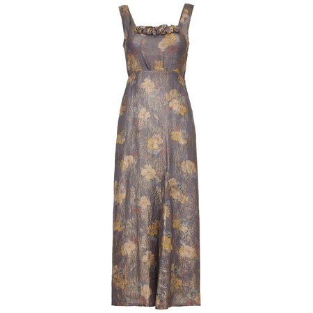 1930s Soft Grey and Gold Lame Floral Print Dress With Empire Waistband For Sale at 1stdibs
