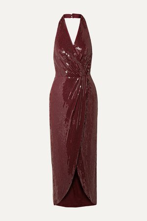 Aurora Wrap-effect Embellished Mesh Halterneck Midi Dress - Burgundy