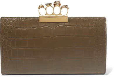Knuckle Embellished Croc-effect Leather Clutch - Army green