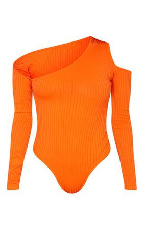 Orange Rib Cut Out Long Sleeve Bodysuit | PrettyLittleThing