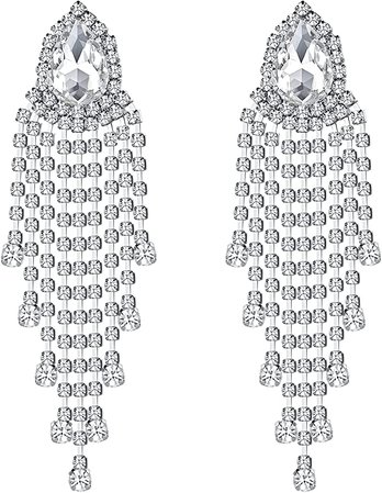 Amazon.com: Lauracode Chandelier Rhinestone Earrings Dangling Tassel Long Sparkly Silver Pageant Bridal Wedding Earrings 10.5: Clothing, Shoes & Jewelry