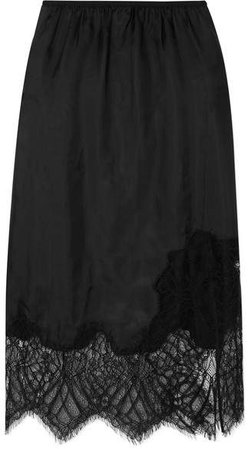Lace-trimmed Satin Midi Skirt - Black