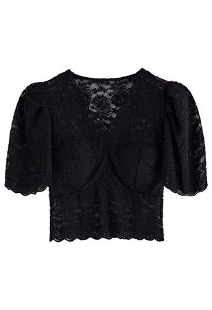 Full Lace Scalloped Trim Crop Top in Black - Retro, Indie and Unique Fashion